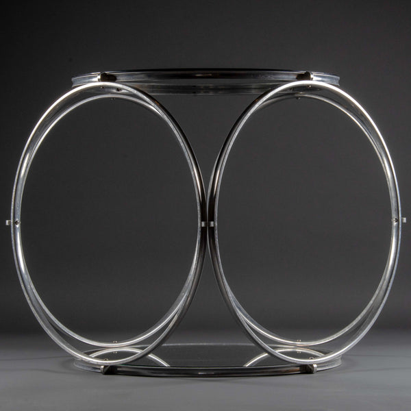 Pair of modernist pedestal tables in aluminum and mirror glass