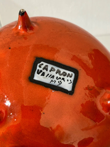 Roger CAPRON - Red enameled ceramic tripod bowl with black striped decoration. Circa 1950