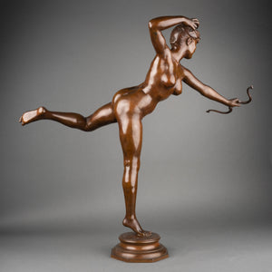 Alexandre FALGUIERE (1831-1900) Diane archery - Patinated Bronze. Art Nouveau Period. Thiebaut Frères cast.
