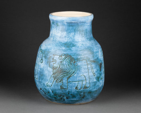 Jacques BLIN (1920-1995) Vase with lions - Painted ceramic. Circa 1950