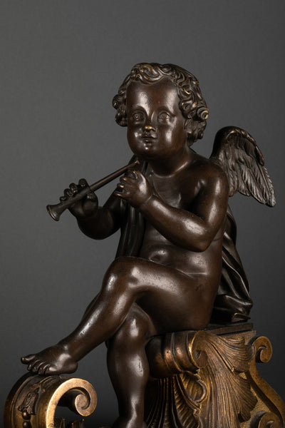 Paire de chenets 'angelots musiciens' - Bronzes XIXème siècle