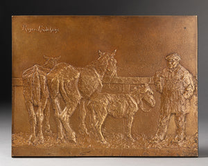 Roger GODCHAUX (1878-1958) Pallefrenier et ses chevaux - Plaque en bronze - Période Art Déco