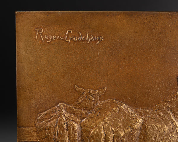 Roger GODCHAUX (1878-1958) Pallefrenier et ses chevaux - Plaque en bronze - Période Art Déco