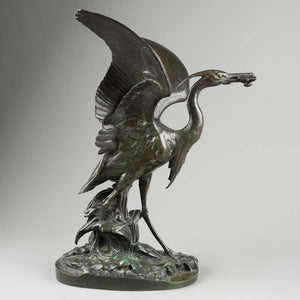 Alfred JACQUEMART (1824-1896) Echassier à la grenouille. Bronze patiné. Fonte Auguste Delafontaine.
