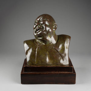 Gaston HAUCHECORNE (1880-1945) Bronze bust of a laughing Asian monk. rare Art Deco bronze.