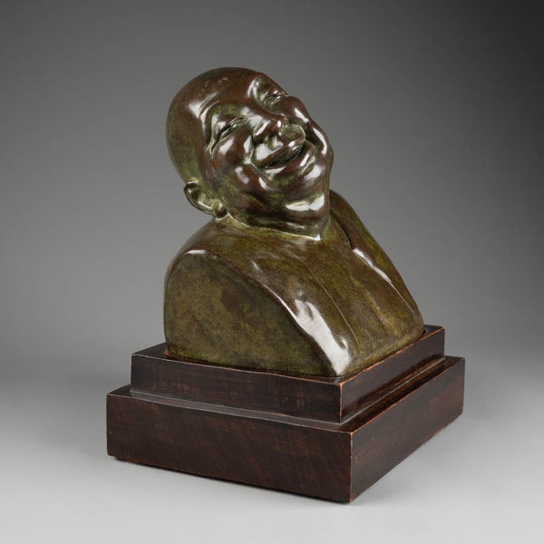 Gaston HAUCHECORNE (1880-1945) Bronze bust of a laughing Asian monk. rare Art Deco bronze.