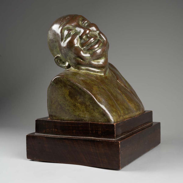 Gaston HAUCHECORNE (1880-1945) Buste en bronze de moine asiatique riant. rare épreuve Art Déco